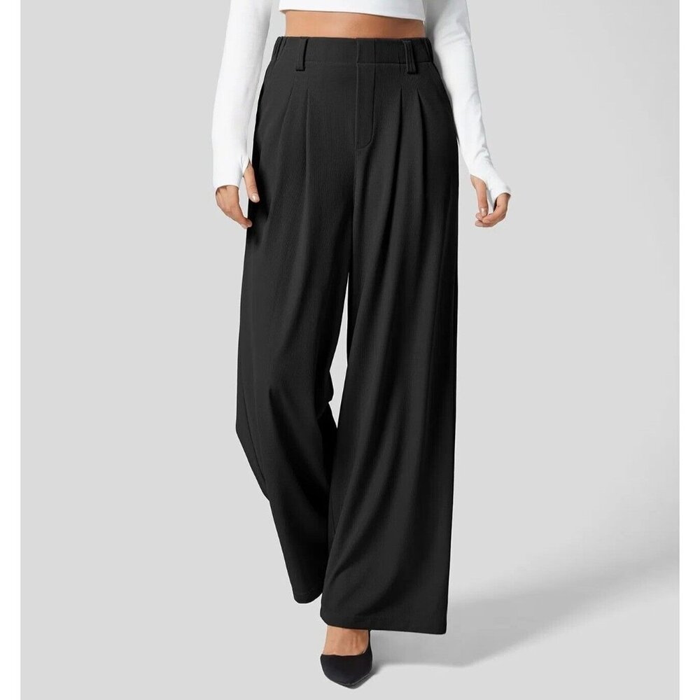 Halara Black Waffle Pants High Waist Plicated Straight Leg Work Pants XL Petite